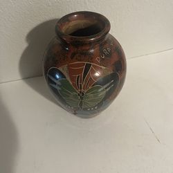 Folk Art Costa Rican Hand Crafted pottery vase, signed by artist Pura Vida, 6” tall