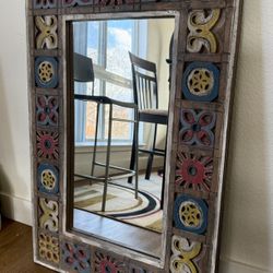 Carved Wood Accent Mirror - Colorful Boho Style