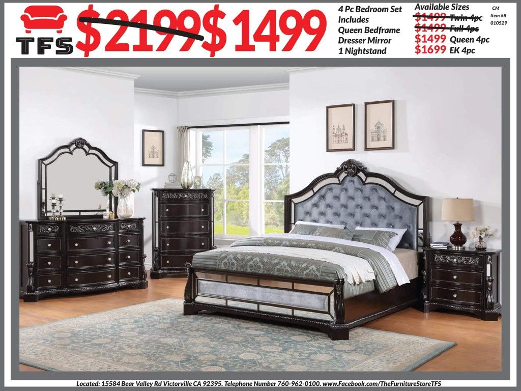 4pc Bedroom Set $1499 Queen $1699 Eastern King Includes bedframe Dresser mirror nightstand Brown Black Mirrored Bedroom Set