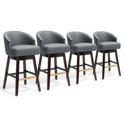 Set of 2 Bar Stools PU Leather / Fabric Upholstered Solid Wood Swivel Barstool - Navy Blue - 31.9" H