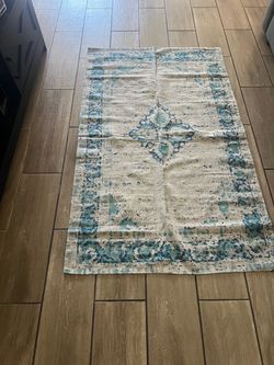 Cream and Teal Distressed Area Rug