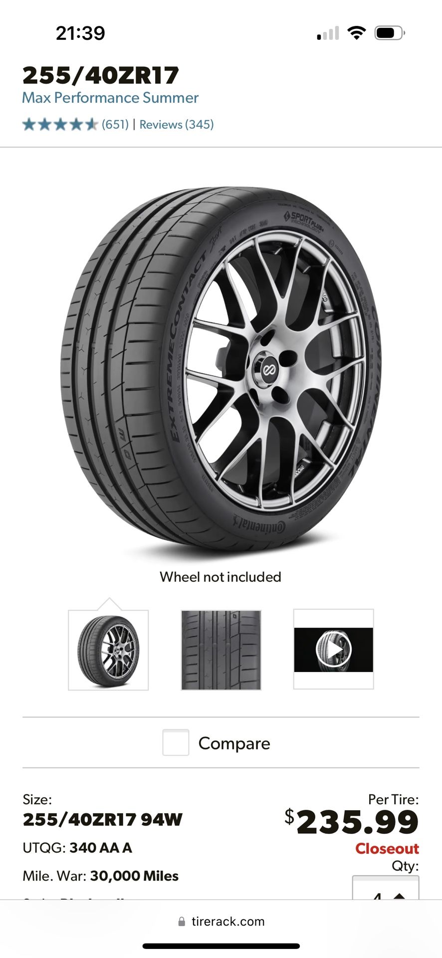 255/40/17 Extreme Contact Sport Tires