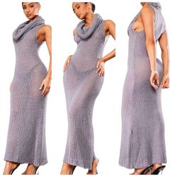 Long Gray Cowl Neck Knitted Maxi Dress Size Small