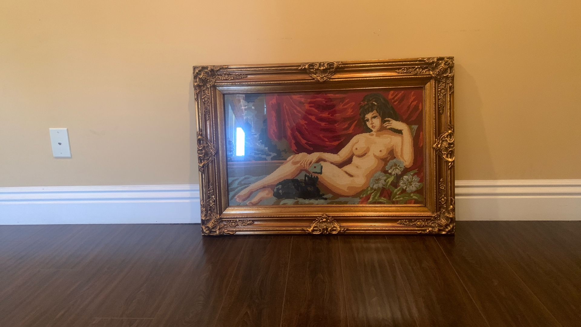 Big Wood Frame With Hand Made Embroidery And Glass Cover