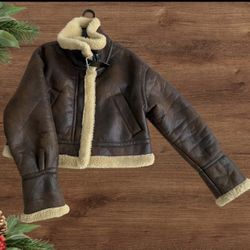 ‏ Zara faux shearling Leather brown jacket with Cozy beige furry inside Size S