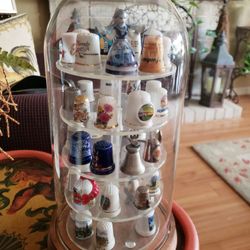 Vintage Thimble Set Of (44) From Around The Country In A Glass Dome Cloche Rotating Display Stand.