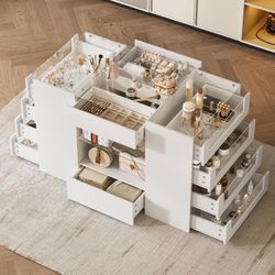 Closet Island with Drawers, Wardrobe Armoire Bedroom Island, Glass Display Shelf & 12 Drawers,