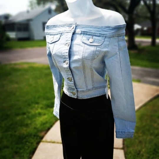 *New* Off Shoulder Denim Button Down Top, Light Blue, Long Sleeve, True To Size
