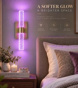 Gold Wall Sconces Set of 2 - LED RGB Crystal Lights with Remote Control 13 Colors & 10 Brightness Levels, Easy Install, Hardwired Wall Light for Livin