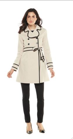 ELLE Runway Collection Black Piped Trim Double-Breasted Trench Coat sz 2