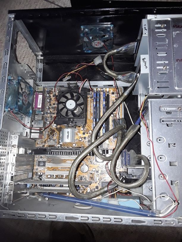 Computer parts, two dvd drives, one is a plexor the other a pioneer. Has ram in it but not sure how much. Geforce video card.