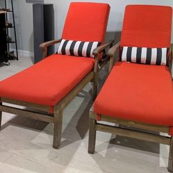 Vintage Crate And Barrel Outdoor Chaise Loungers - set of two - Solid Roble Wood + Sunbrella Cushions