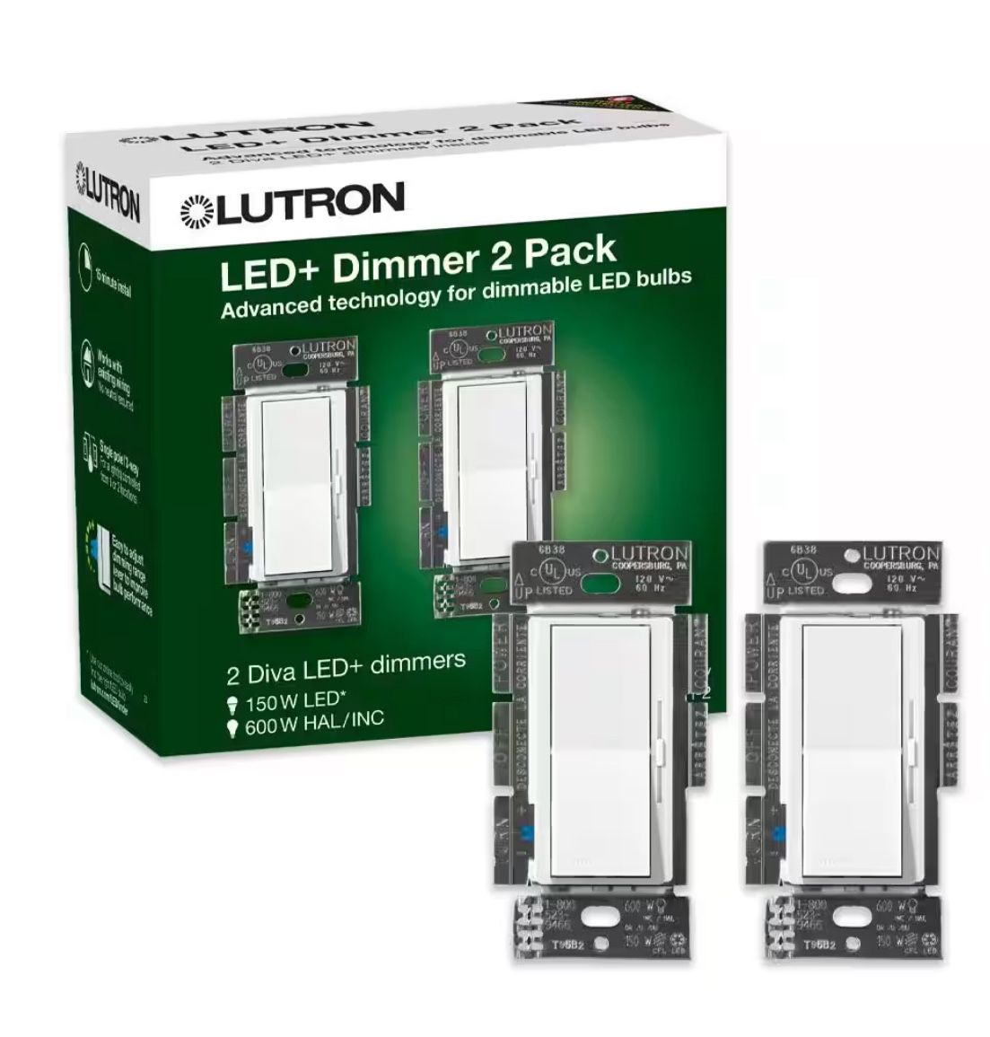 Brand New Diva LED+ Dimmer Switch for Dimmable LED Bulbs, 150-Watt/Single-Pole or 3-Way, White (DVCL-153P-WH-2) (2-Pack