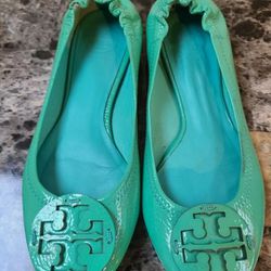 Tory Burch Reva Island Turquoise Tumbled Patent Leather Minnie Ballet Flats Sz 6