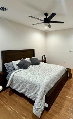 Solid Wood Queen Bed Frame w/ Built-In USB Charging Ports w/ 2 matching nightstands.