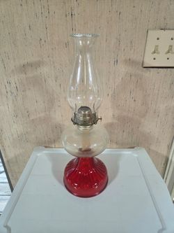 vintage ruby red and clear glass kerosene oil lamp,