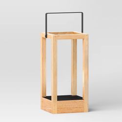 11.81"x5.94" Pillar Metal/Wood Small Lantern Candle Holder Natural Wood - Threshold™