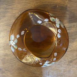 Vintage Flower Hand Painted Amber Ashtray