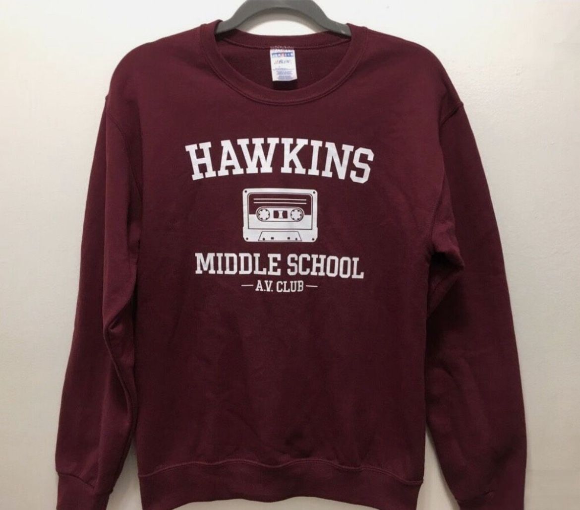 Stranger things sweatshirt Hawkins middle school AV club adult (size: small) Maroon Color