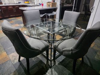 Z Gallerie Modern Dining Set - Glass Table & 4 Grey Chairs