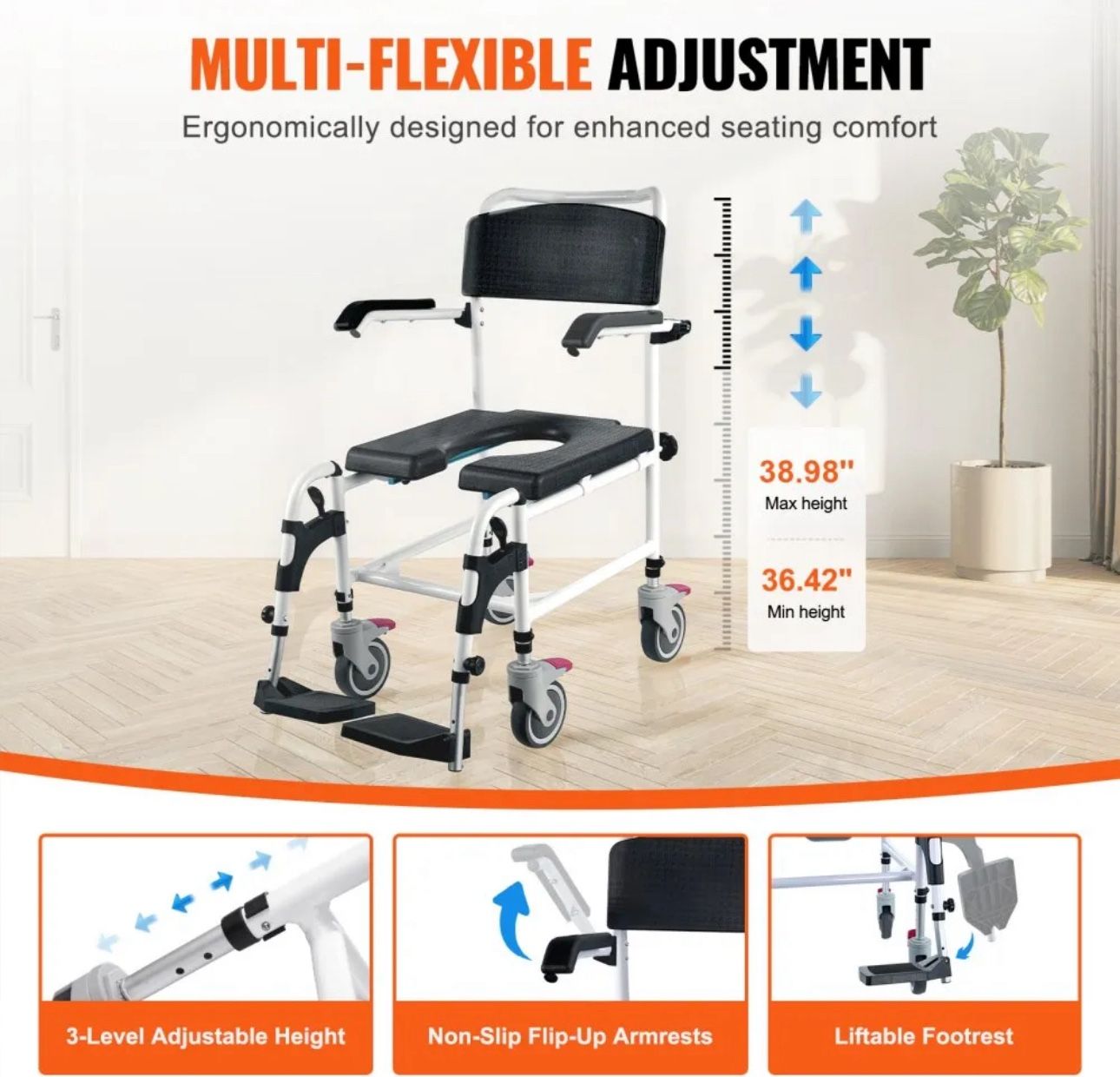 VEVOR Shower Commode Wheelchair with 4 Lockable Wheels