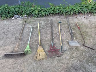 Yard and shop tool brooms, rake shovel and edger