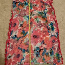 Floral Infinity Scarf With Pom Poms