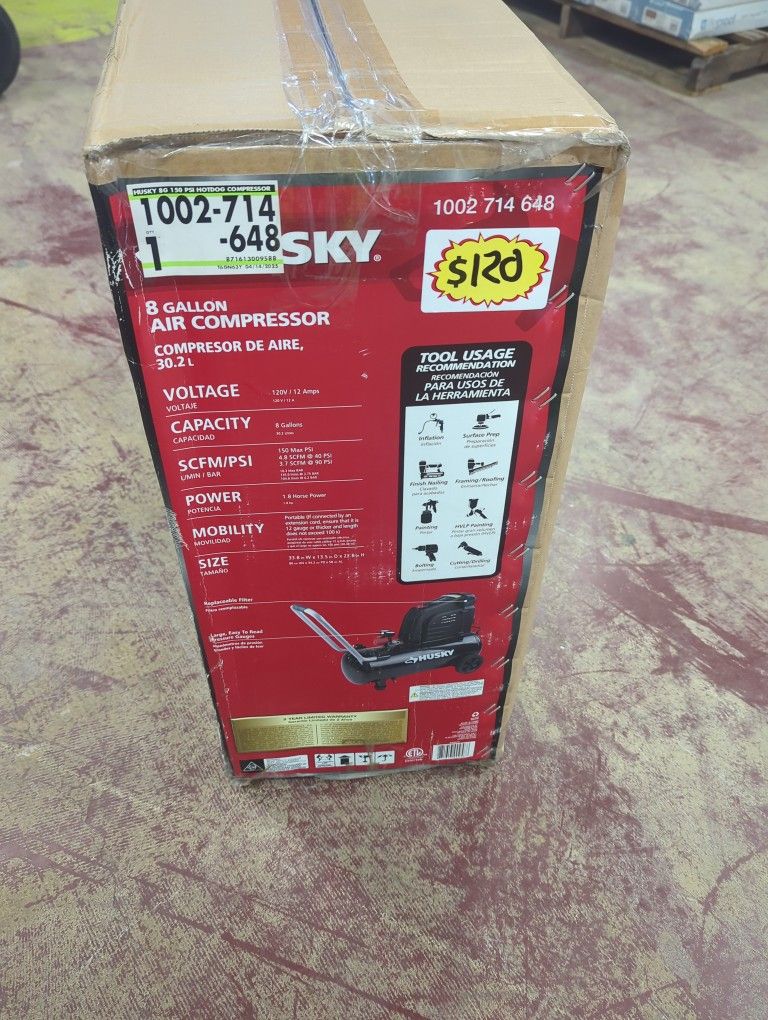 Husky
8 Gal. 150 PSI Portable Electric Oil-Free Horizontal Hotdog Air Compressor with Rubber Wheels and 1-Quick Coupler