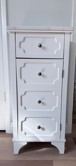 Elegant White Slim Storage Cabinet w/ Faux-Marble Top