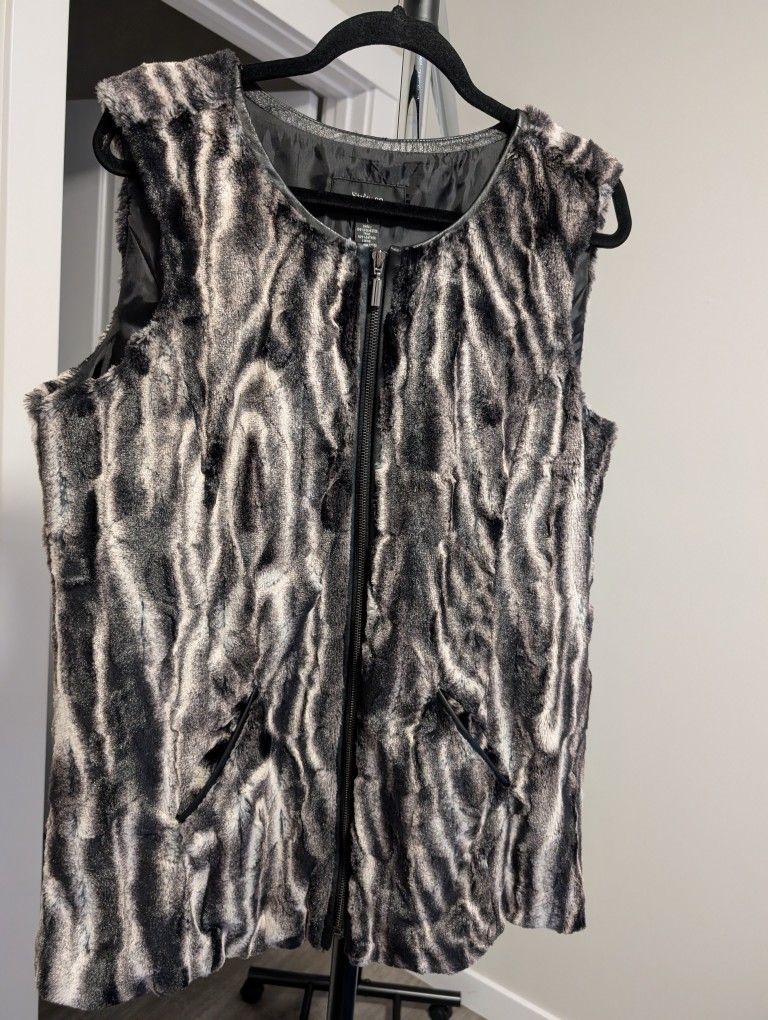 Style&Co Womens Black White Animal Print Faux Fur Front Zip Vest Size L