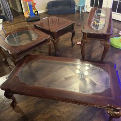 4pc coffee table set living room wood glass vintage antique furniture