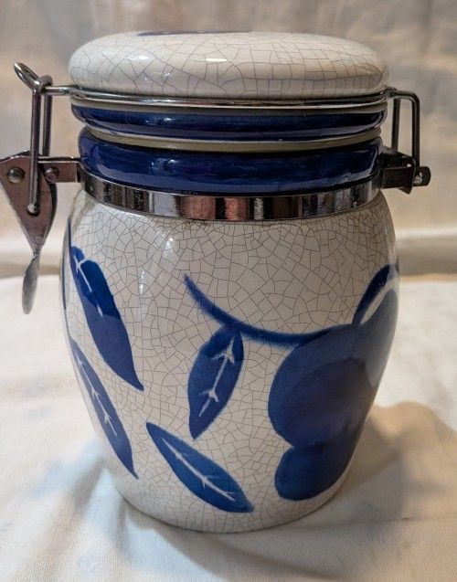 Blue And White Canister/ Jar Locking Lid Ceramic Fruits Design.