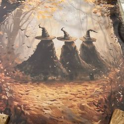 19 1/2 X 27 1/2 Three Witches With Fall Leaves 🍂 Halloween Picture 