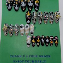 Luxury Black & Gold Cannabis-Inspired Press-On Nails with Rhinestone Accents
