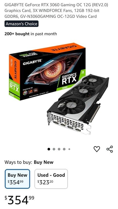 GIGABYTE GeForce RTX 3060 Gaming OC 12G (REV2.0) Graphics Card, 3X WINDFORCE Fans, 12GB 192-bit GDDR6, GV-N3060GAMING OC-12GD Video Card
