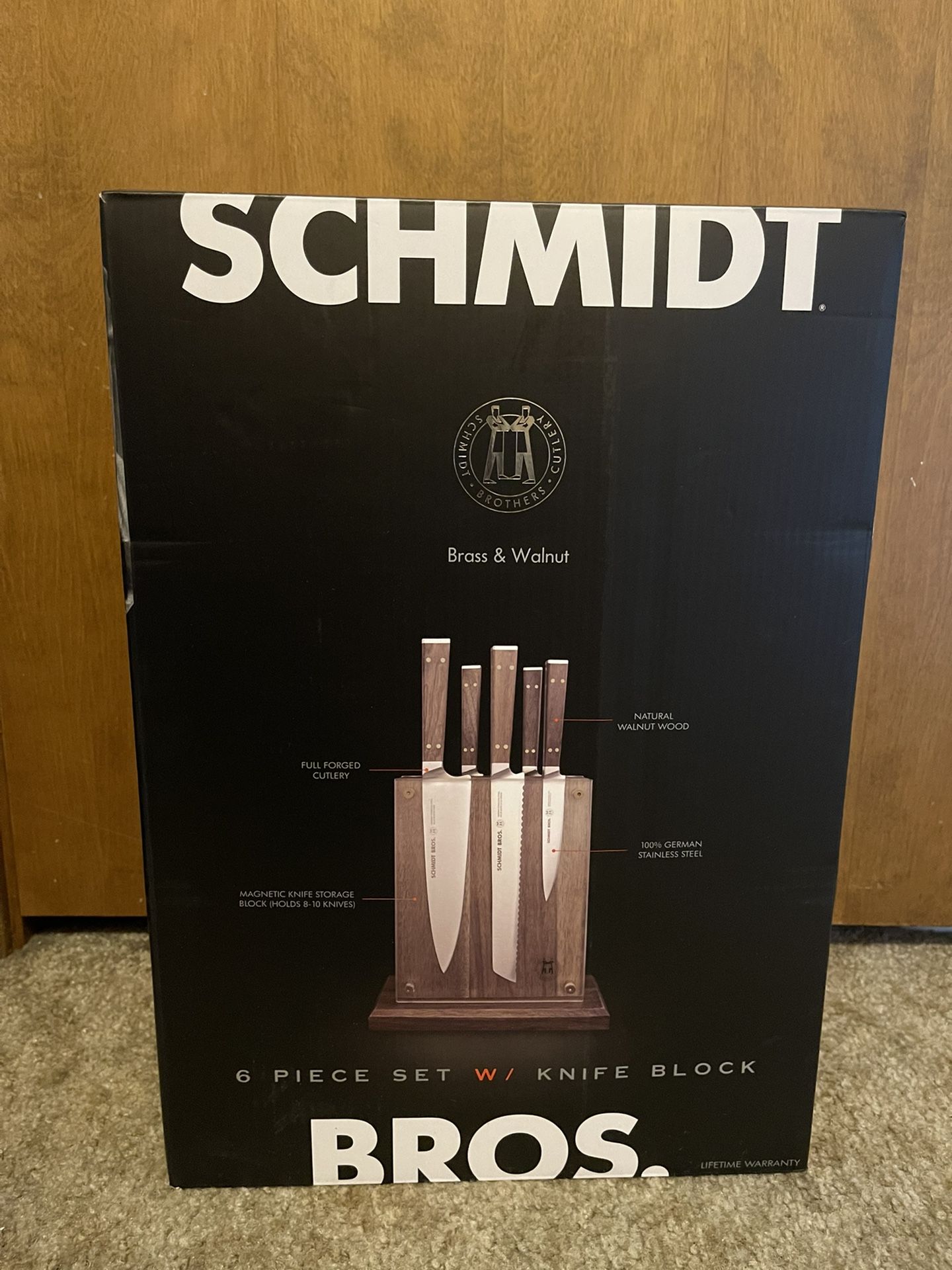 Schmidt Brothers Cutlery 6pc Walnut and Brass Knife Block Set