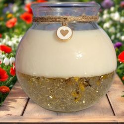 Handmade decorative Candle. Glittery golden gel on the bottom and soy wax