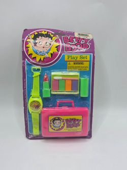 Vintage 1994 Betty Boop Play Set JA-RU Toy Watch Makeup Case Pink Briefcase