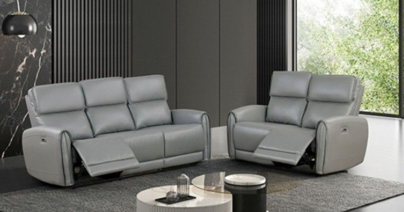 Brand New Grey Leather Power Reclining Sofa & Loveseat 