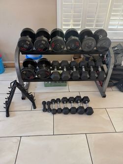 Rubber dumbbells weights 3-50lbs plus rack 556lbs total