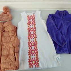 
Size 7/8 bundle. Please purple Columbia jacket, white Lilly Pulitzer dress size 8, pink puffer vest with matching CC hat. 