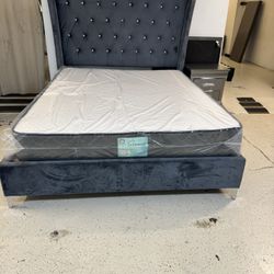 New Queen Size Velvet Bed Frame And Mattress 