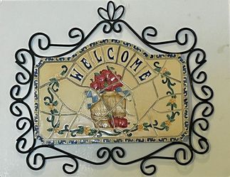 Large Hand-Painted Welcome Plaque - Ceramic, Wrought Iron