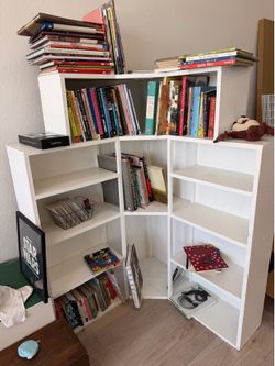 Wood shelf and Faux bamboo metal shelf with glass shelves.  Bottom is replaced with wood/covered contact paper