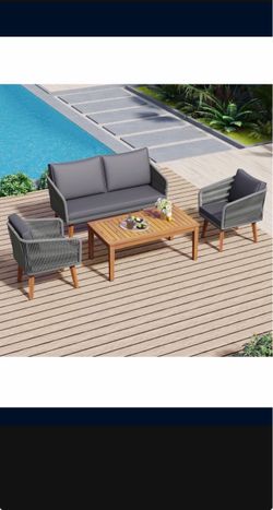 6-Piece Acacia Wood Frame Sectional Sofa, L Shaped Couch & Chair with Coffee Table-Brand new In Box