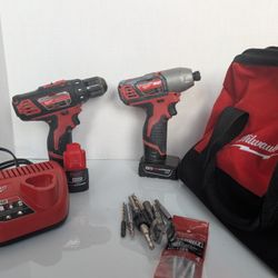 Milwaukee M12 Tool Set: Drill, Impact Driver, Charger, 2 Batteries, Bag + Bits