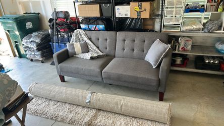Gray Tufted Fabric Sofa with Wood Legs
