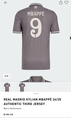 Size 2XL Authentic Real Madrid 3rd Jersey 24-25’ W/ Mbappé #9 - Gray