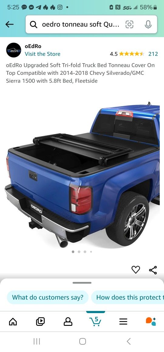 New 5,8" Soft Tri-fold Truck Bed Tonneau Cover On Top Compatible with 2014-2018 Chevy Silverad