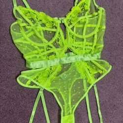 New Large neon green sheer lace mesh bodysuit lingerie festival rave garter